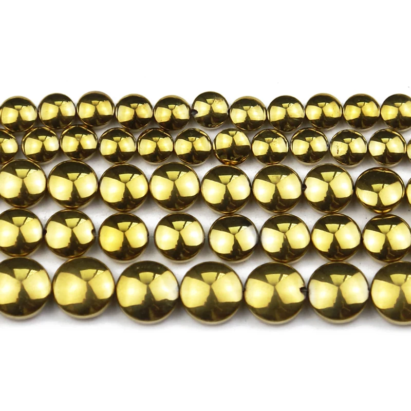 

Flat Round Hematite beads Gold 6 8 10mm Natural Stone Plating Charms Spacer Loose beads for Jewelry Bracelet Making DIY Findings