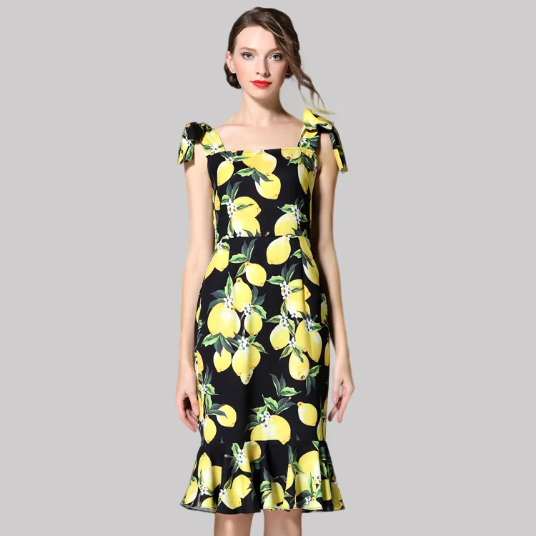 

Customize Summer Runway Designer Boutique Dress Women's High Quality Fresh Yellow Lemon Printed Bow Shoulder Strap Mermaid Dress