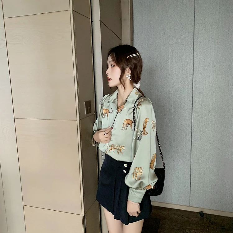 

Leopard Stylish Shirt Women Turn Down Collar Office Fashion Female Blouse Long Sleeve Plus Size Lady Tops Blusa Feminina 300G
