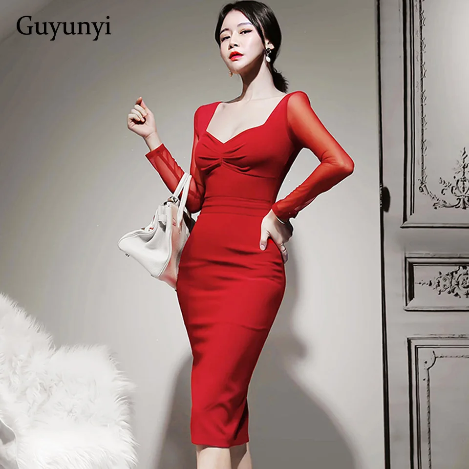 Красное соблазнительное Клубное платье весна 2021 облегающее Сетчатое удобное