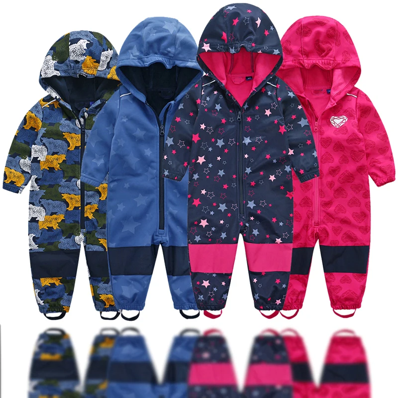 Soft shell children's jumpsuit boys and girls conjoined romper jumpsuit habercoat warm waterproof windproof composite fabric