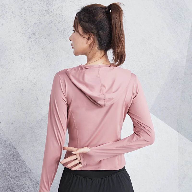 Женская куртка для бега с длинным рукавом толстовка капюшоном йоги спортивная