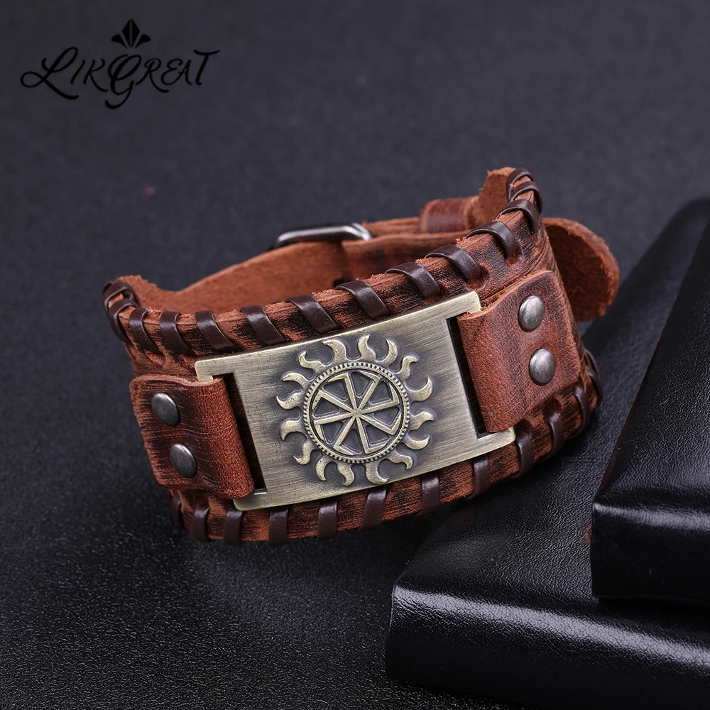 Широкий Кожаный Браслет манжета LIKGREAT готический славянский Шарм браслет Sigil of