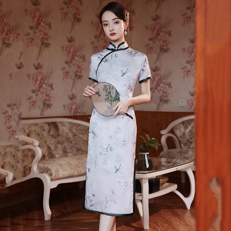 

Large Size 3XL 4XL Qipao Sexy Short Sleeve Cheongsam Lady Satin Evening Party Dress Chinese Mandarin Collar Floral Vestidos