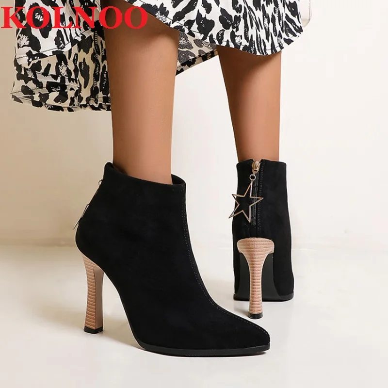 KOLNOO Handmade Ladies Thick Heels Ankle Boots Faux Kid-Suede Pointed-Toe Large Size 35-47 Martin Booties Fashion Winter Shoes