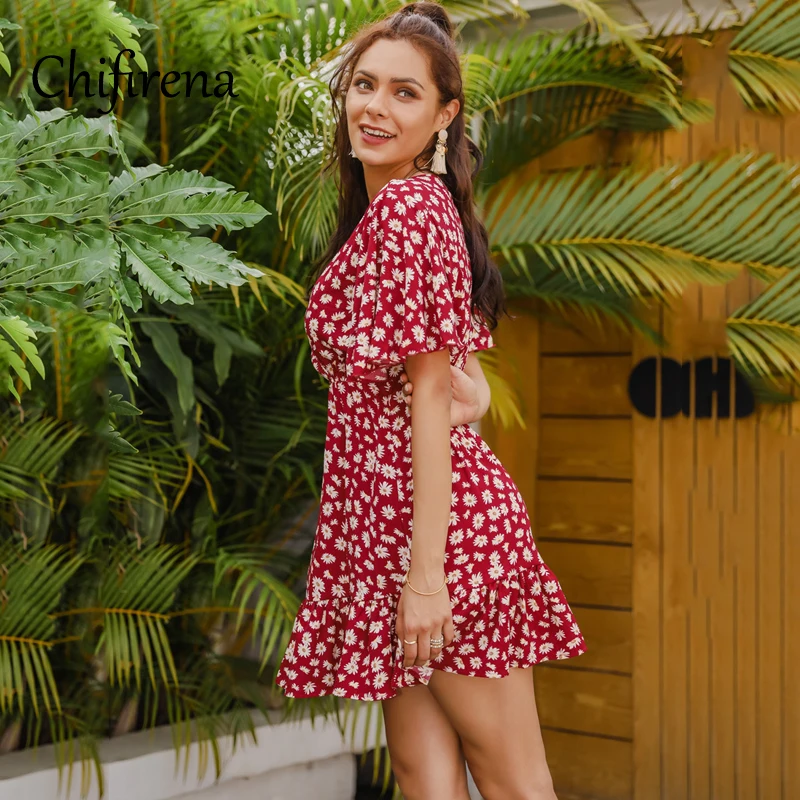 

Chifirena Summer Women Dress 2021 Bohemian Sexy Dresses for Women Short Sleeve Floral Print Sundress Shirring Mini Red Vestidos