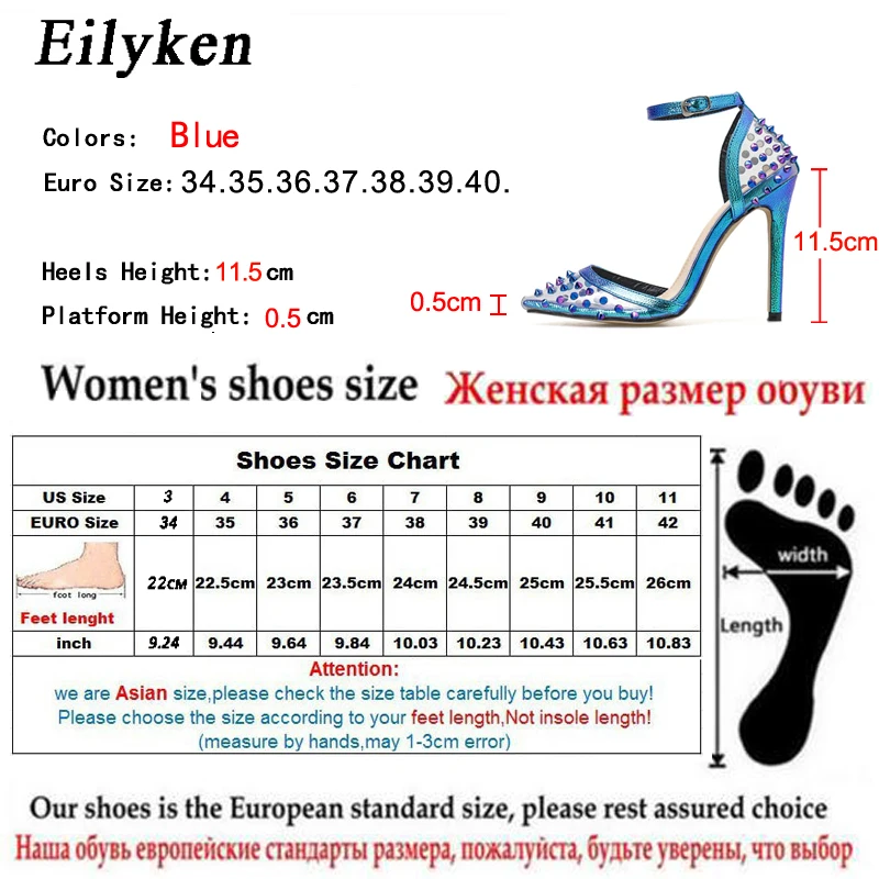 Eilyken/Новинка года; пикантные женские туфли-лодочки из ПВХ с заклепками; модная обувь; женские Вечерние туфли на высоком каблуке с ремешком и пряжкой на лодыжке