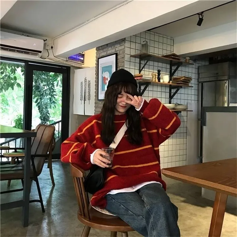 

Red Striped Women Ulzzang Vintage Loose Sweater Female Korean Oversized Harajuku Clothing Casual High Street Sweater Streetwear
