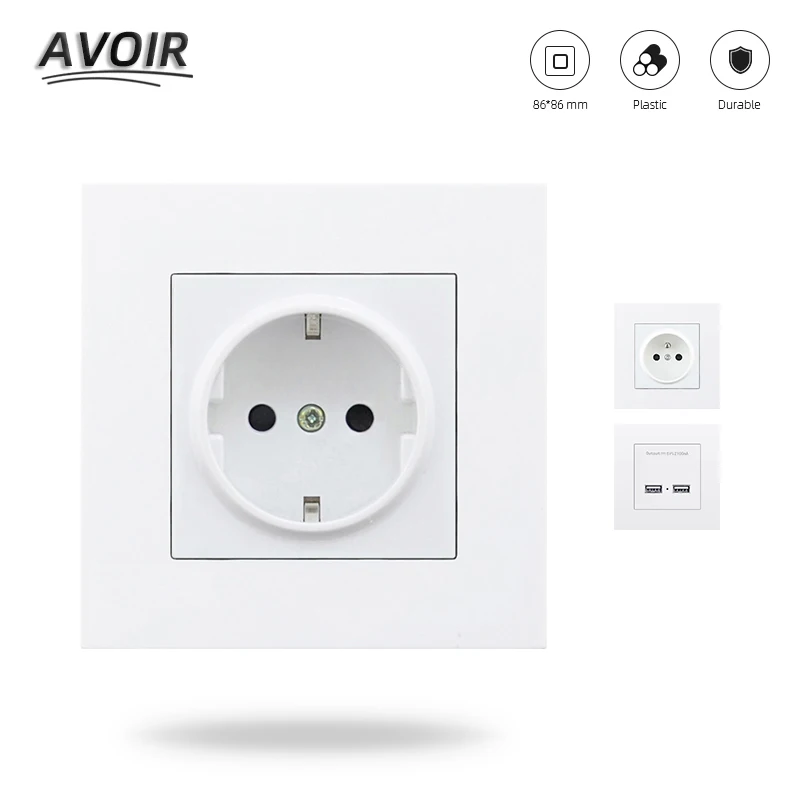 

Avoir PC Plastic Panel EU FR French Standard Power Socket Socket With Dual USB Ports For Mobile 86mm*86mm Outlet Plug