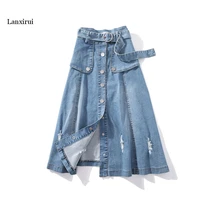 summer women plus size blue denim skirt fashion split high waist midi long skirt female loose casual a line jeans skirts