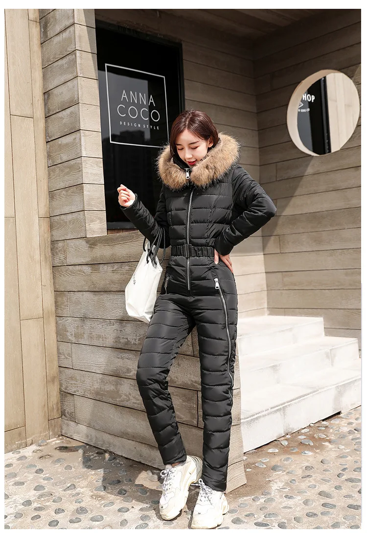 Winter new down cotton pad women fashion women two-piece cotton Raccoon Fur collar hooded thick warm jumpsuit women G1156