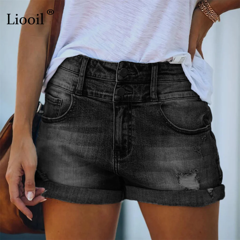 Женские джинсовые шорты с завышенной талией эластичные Рваные на пуговицах и