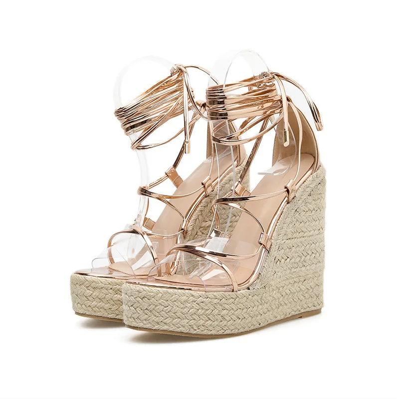 

sandals and cool boots the new European and Roman style of pointy casual slope heel waterproof platform foot strap in