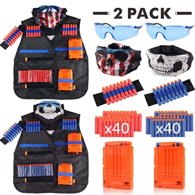 2 Pack Children Kids Black Tactical Jacket Vest Suit Kit Holder Pistol Bullets Toy Clip Darts for Outdoor Game Toys Gifts