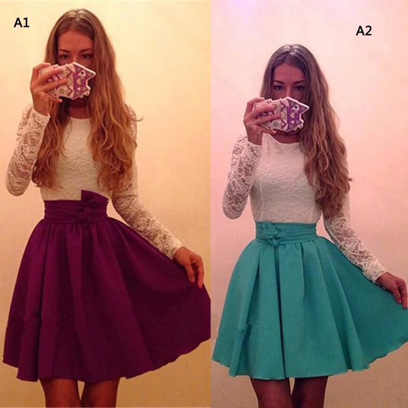 

New Women Fall Casual Lace Stitching Dress Sexy Vintage Long Sleeve Dress