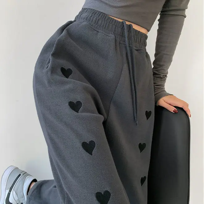 

Women Pants 2021 Spring Embroidered Love Sports Pants Female Drawstring High Waist Loose Casual Straight Pantalones De Mujer