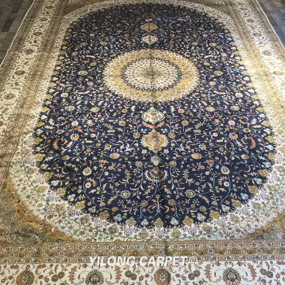 Yilong 12 'x 18' большой персидский ковер для виллы ручной работы Шелковый медальон
