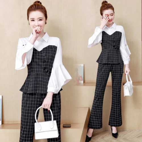 

Spring 2 Piece Office Set Women Plaid Clothing Sets Matching Sets Flare Sleeve Blouses Woman Suit Ensemble Femme Deux Pieces