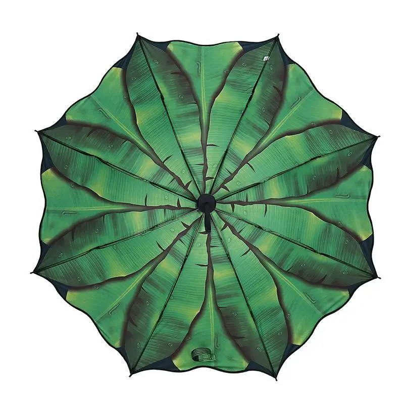 

2021 New Green Rain Umbrella Female Dual-use Three-fold Vinyl Umbrella Fresh Art Plantain Creative Sun Umbrella