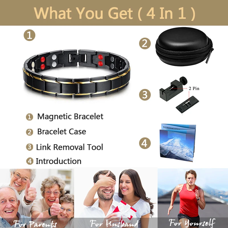 Черный 2-рядный магнитный браслет из чистого титана очаровательный для здоровья