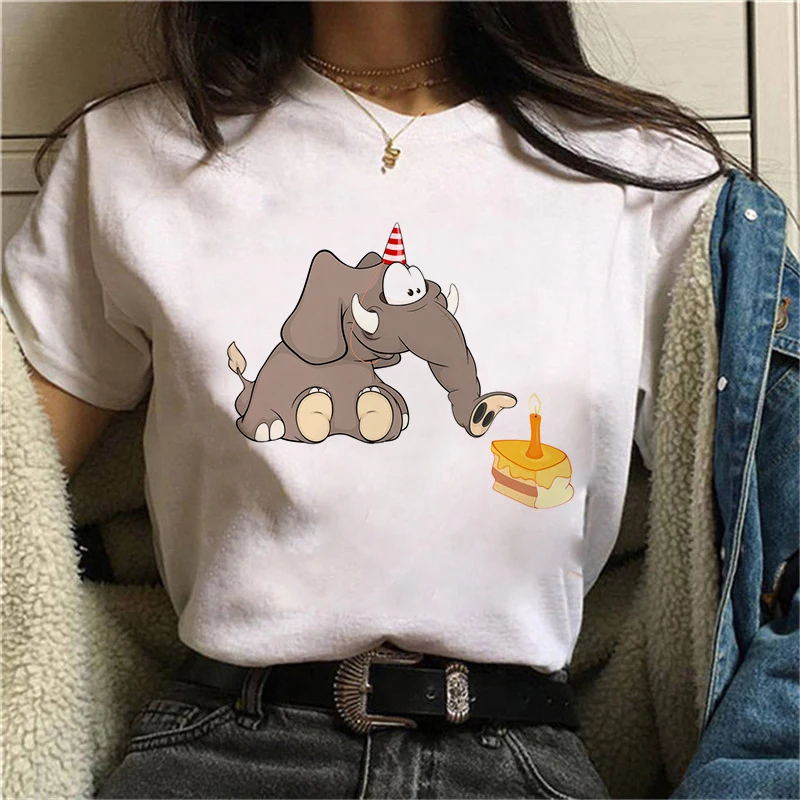 

Women T shirt Kawaii Elephant Print Short Sleeve Round Neck Harajuku Ulzzang Female T shirts Clothing Camisas Mujer