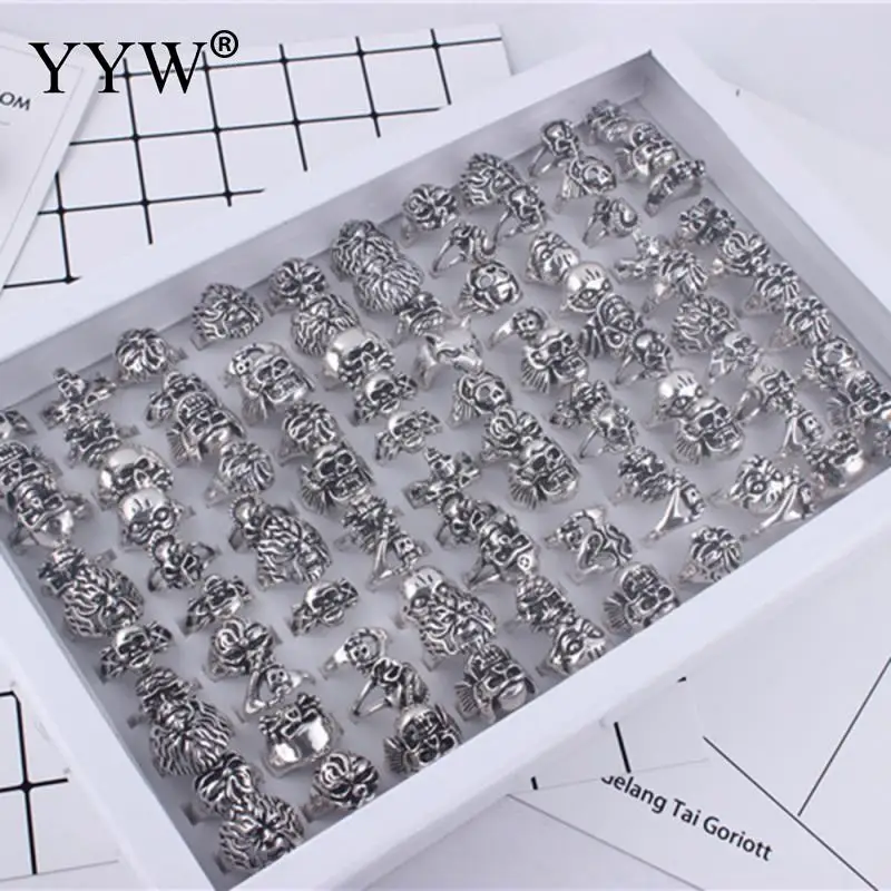 100pcs/Box Top-Quality Gothic Punk Assorted Skull Style Bikers Men'S Vintage Rings For Mens Womens Wholesale Jewelry Lots