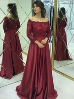 burgundy mother of the bride dresses lace satin off the shoulder long sleeve wedding party guest prom gowns formal evening dress