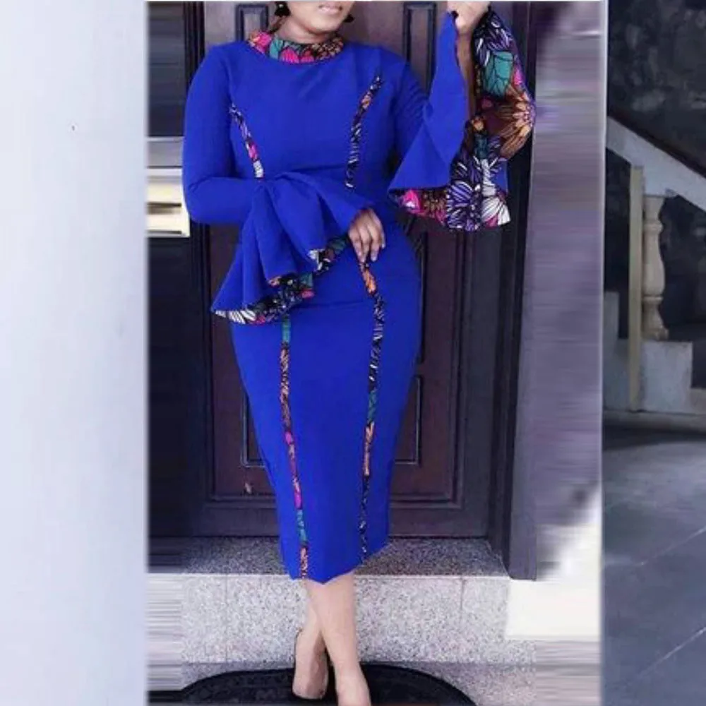 

New Women's Dress Africa Blue Round Neck Big Lotus Leaf Sleeve Printing Stitching Bag Hip Skirt Party Temperament Commuter Dress