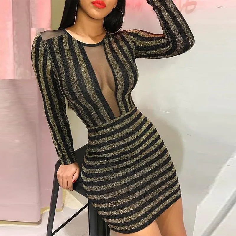 2019 сексуальные блестящие мини бодикон вечерние платья осенние женские полосатые