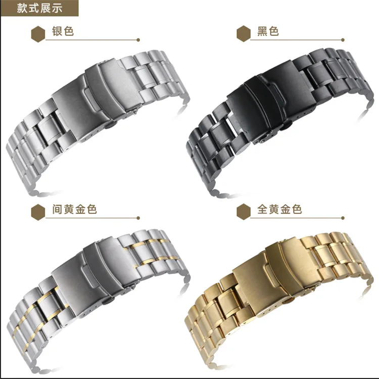 Stainless Steel Watch Band 18mm 20mm 22mm 24mm Strap Wristband Curved End Watch Strap Double Lock Buckle Replacement Wrist Belt