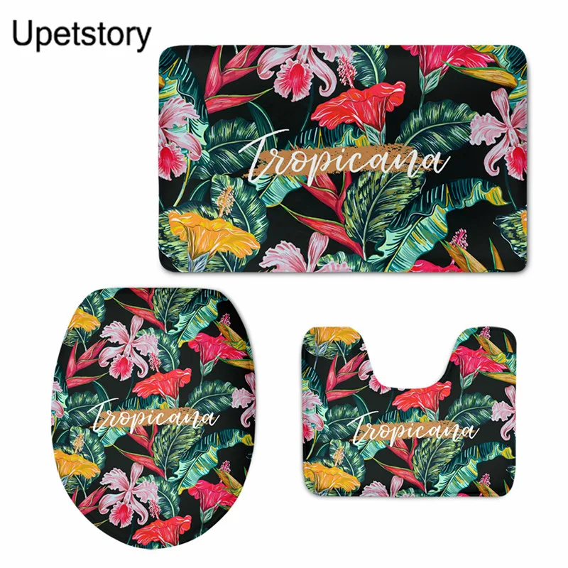 

Upetstory 3pcs/lot Palm Leaf Printed Toilet Seat Cover Flannel Overcoat Toilet Case Bathroom Door Non-slip Soft Mat Decoration