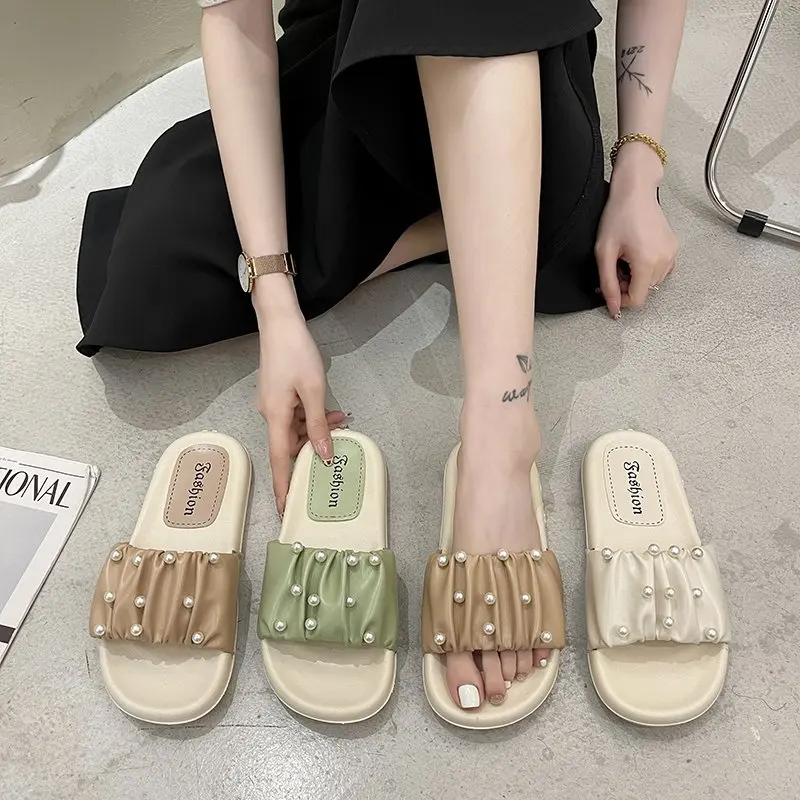 

Shoes Slippers Casual Slides Slipers Women Shale Female Beach String Bead Luxury Rubber Flat 2021 Sabot Soft PU Rome Fabric