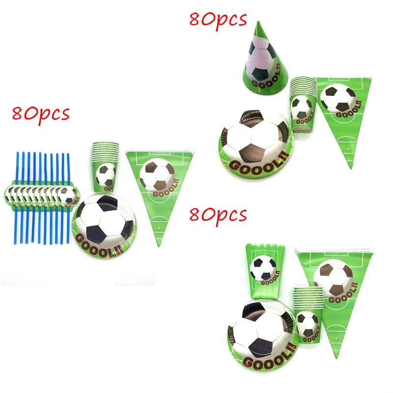 

80pcs/Lot Green Football Kids Birthday Party Disposable Cup Plate Banner Popcorn Box/Straw/Hat Tableware Decoration Supplies Set