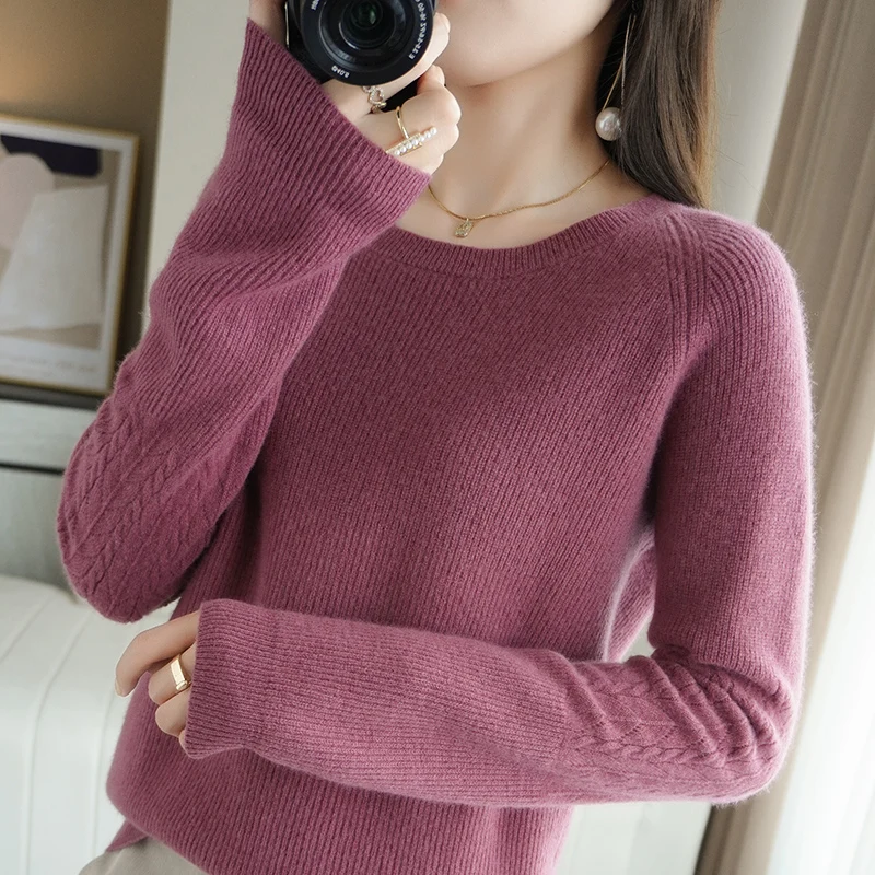 

Winter 2021 new cardigan women's fashion round neck raglan sleeves 100% wool knit bottoming shirt for outer wear