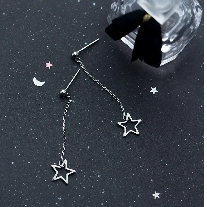 100% 925 Sterling Silver Delicate Star Pendant Earings Long Chain Hanging Ear Dangle Drop Earrings for Women | Украшения и