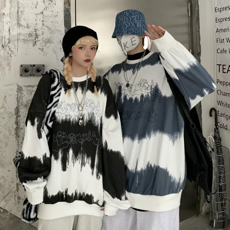 

Harajuku Style Tie-dye Men and Women Hoodies Lazy Style Pullover Coat Long Sleeve Contrast Color Oversize Loose Couple Hoodies