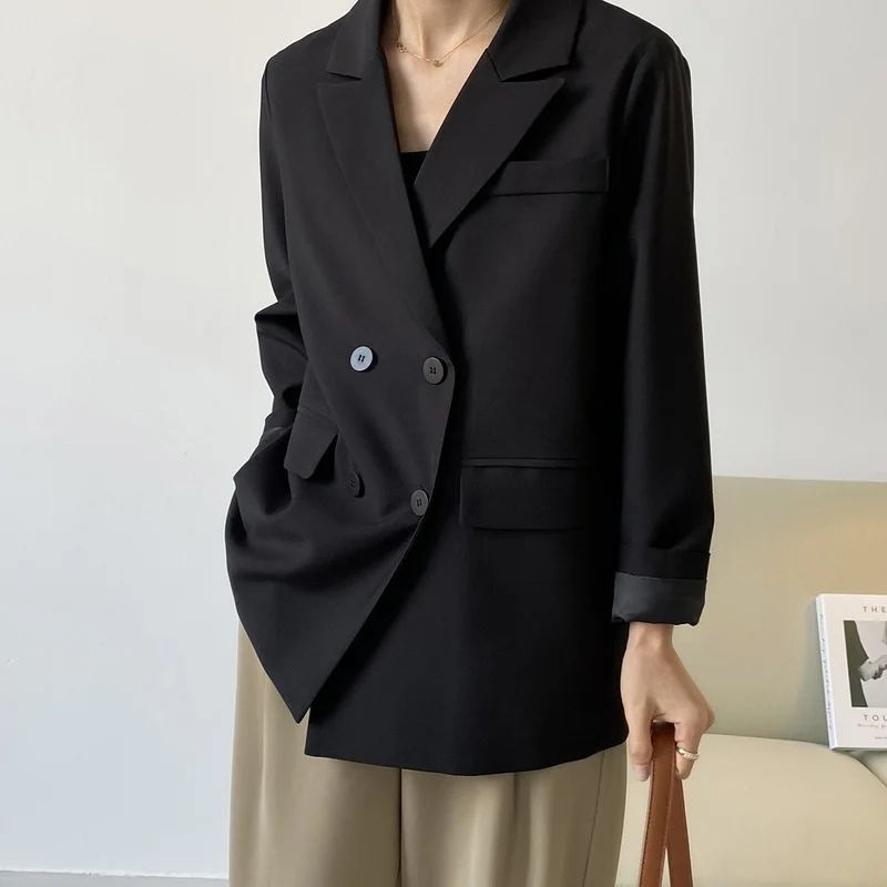 

2021 Spring Basic Black Suit Jacket Women Loose Long Sleeve Casual Oversized Blazer Suit Top V-neck Double Breasted Cardigan