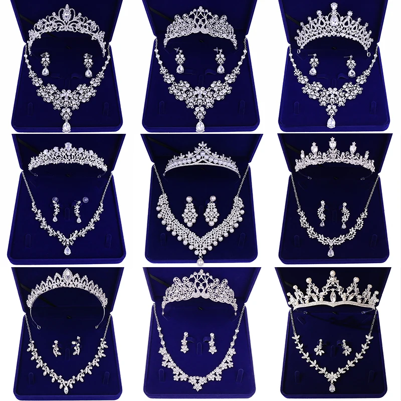 Conjuntos de joyería nupcial de circón a la moda, collar de corona de boda con pendientes, Pin, perla, Tiara de cristal y coronas, adornos para el cabello para mujeres