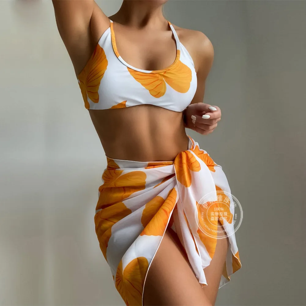 

Sexy Bikini Set With Cover up 3 Piece Printed Feminine Bikinis Swimsuit Swimwear Thongs Woman Brazilian Bathing Suit Beach Skirt