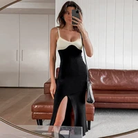 summer sleeveless women patchwork cami midi calf dress v neck side split basis black casual clubwear e gril sexy 2022