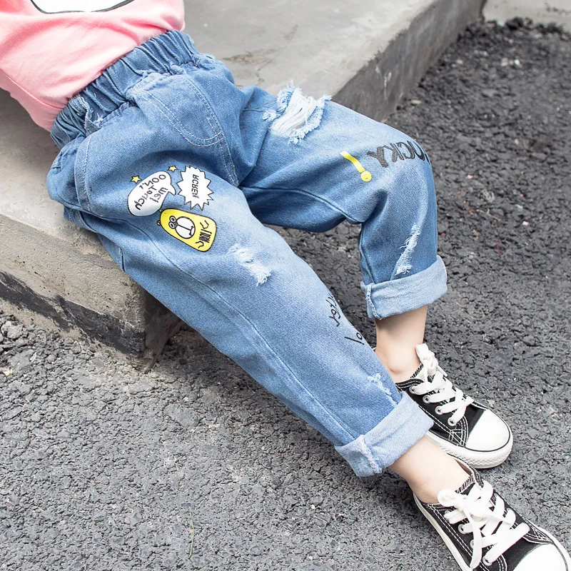 Детские рваные джинсы длинные штаны От 3 до 8 лет г. Весенне-осенне-зимние синие