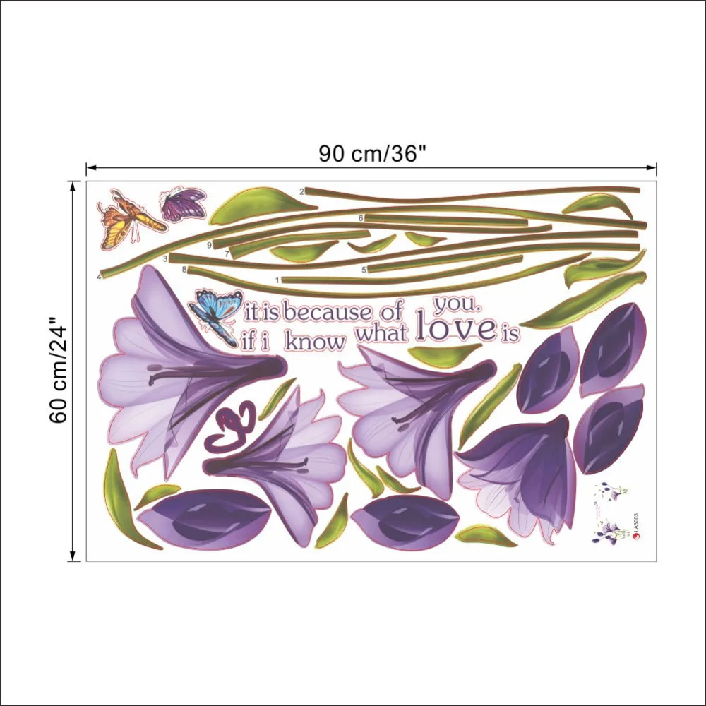 

Love Purple Lily Flower Butterfly Wall Stickers Home Decor Living Room Removable TV Backdrop Sofa Wall Decals Wedding Mural Art