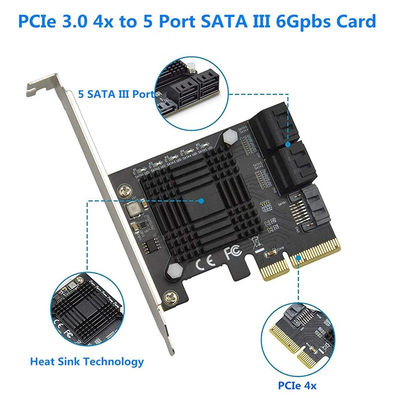

PCIE to 5-Port SATA III 6 Gbps SATA Controller Expansion Card Computer Chassis Adapter Card JMB585 with 5 Cables