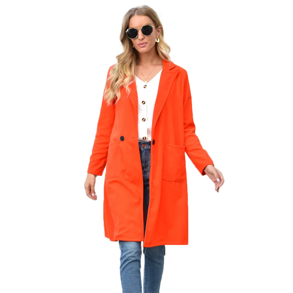 

Autumn and winter new fashion woolen lapel solid color long coat women
