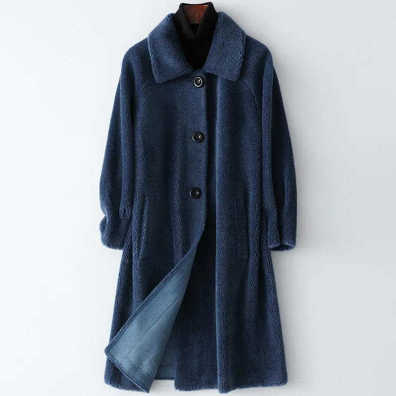 Women Spring New Wool Fur Long Coat Sheepskin Composite Jackets White Navy Blue Lady Office Wool Blends Thick Warm Fur Outwear
