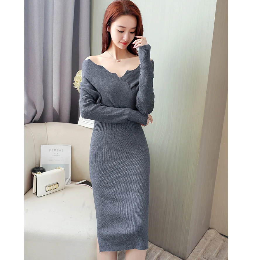 

Long Sweaters Dress Women 2019 Autumn Winter Long Knitted Tunics Bodycon Slim Office Lady KnitWear Woman Midi Knitted Dress