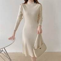 elegant long knitted dress women korean fashion y2k button design knitting dress slim high waist long sleeve bodycon dress 2021