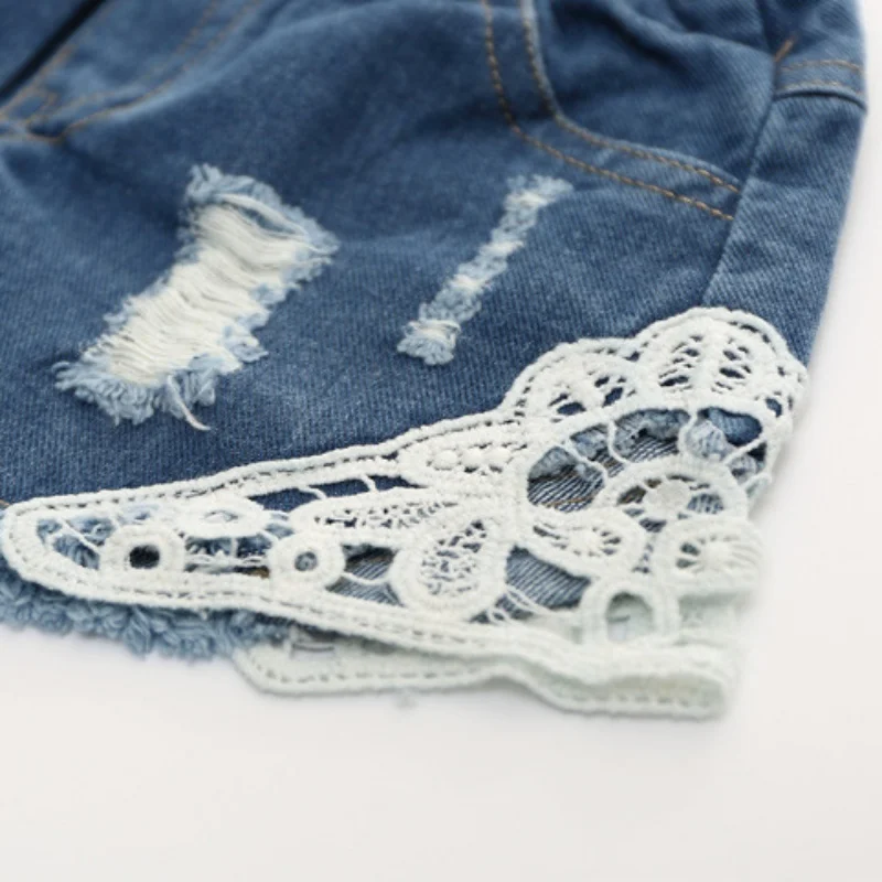 

2-12Y Girls Lace Hole Jeans Shorts Cowboy Kids Girls Cute Shorts Jeans Short Lace Pocket Denim Shorts Children