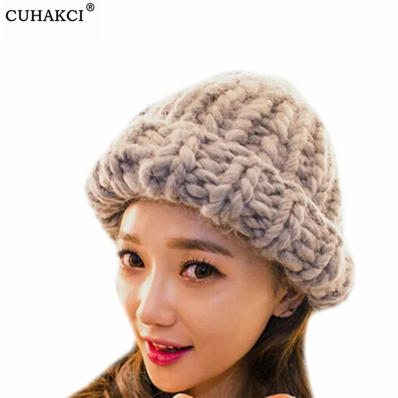 

CUHAKCI Hand Coarse Knitted Skullies Women Winter Wool Hats Beanies Solid Adult Casual Cotton Acrylic Rushed Fashion Female