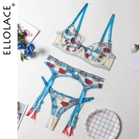 ellolace 3 piece sets sensual lingerie lip embroided lace transparent underwear breves set with garters short skin care kits